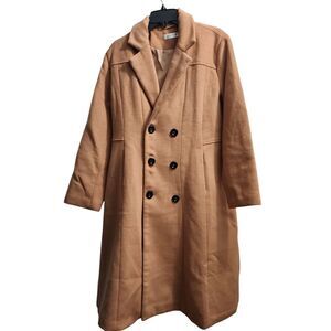 Elegant Double-Breasted Long Wool Blend Camel Coat Winter Outerwear‎ Size L